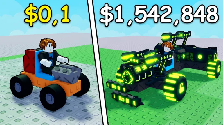 A starter car compared with a heavily upgraded zombie-fighting vehicle in Build and Kill Zombies.