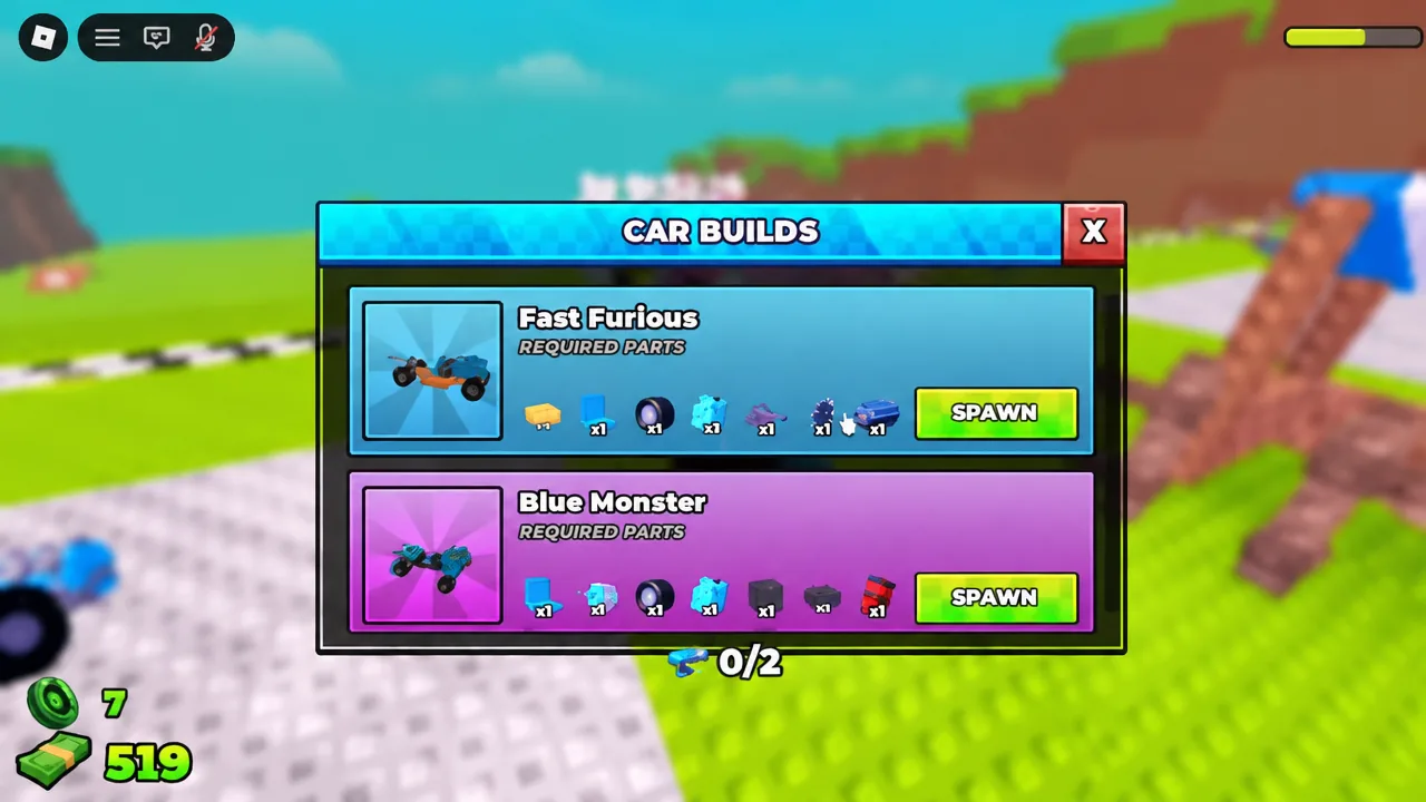 CAR BUILDS menu with Fast Furious and Blue Monster